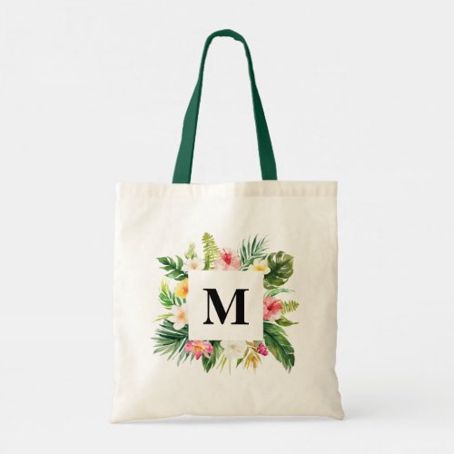 Watercolor Tropical Frame Bridesmaid Monogram Tote Bag