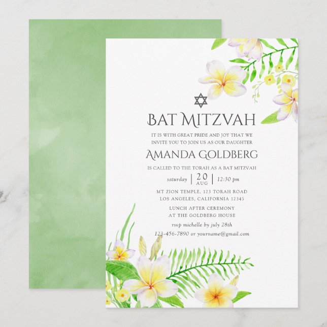 Watercolor Tropical Frangipani Bat Mitzvah Invitation (Front/Back)