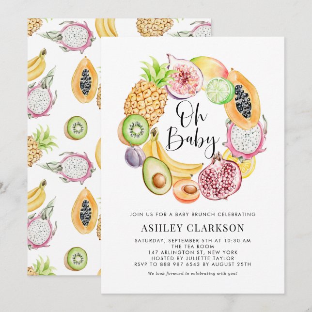 Watercolor Tropical Fruits Baby Shower Brunch Invitation (Front/Back)