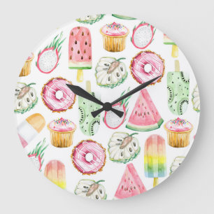 Watercolor tropical fruits, ice cream pattern. large clock