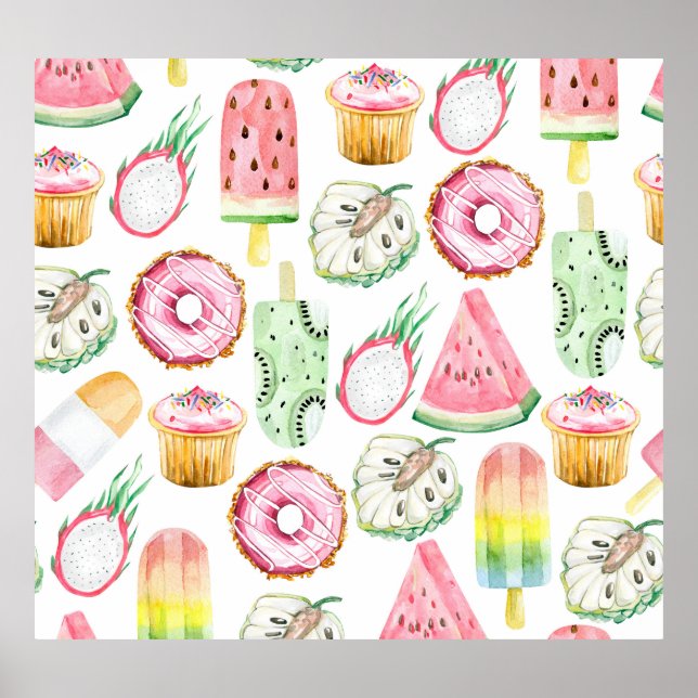 Watercolor tropical fruits, ice cream pattern. poster (Front)