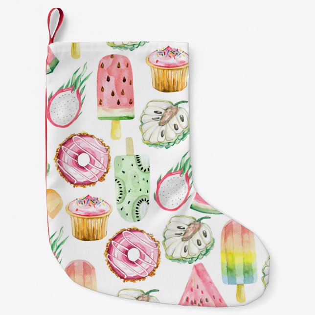 Watercolor tropical fruits, ice cream pattern. small christmas stocking (Front)