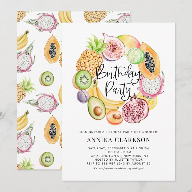 Watercolor Tropical Fruits Summer Birthday Party Invitation (Front/Back)