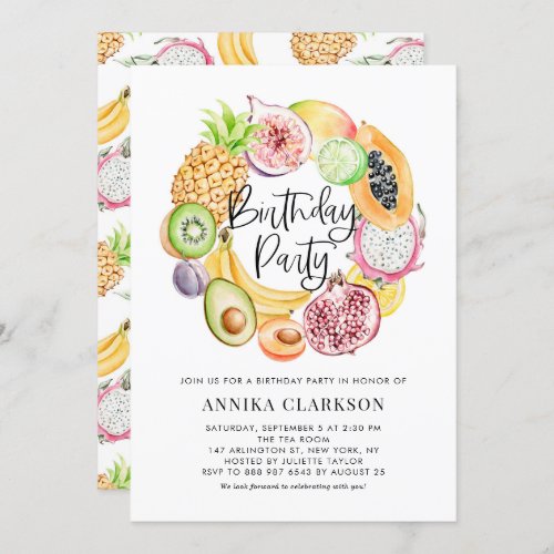 Watercolor Tropical Fruits Summer Birthday Party Invitation