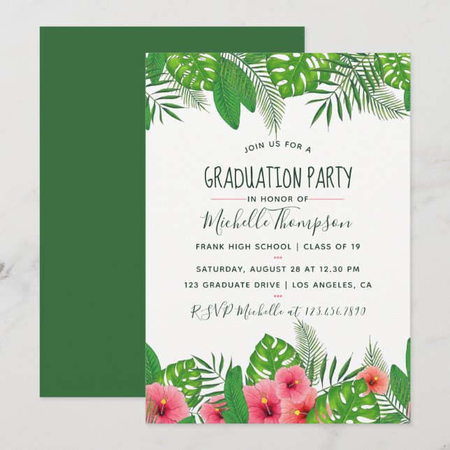 Watercolor tropical Graduation Party Invitation (Front/Back)