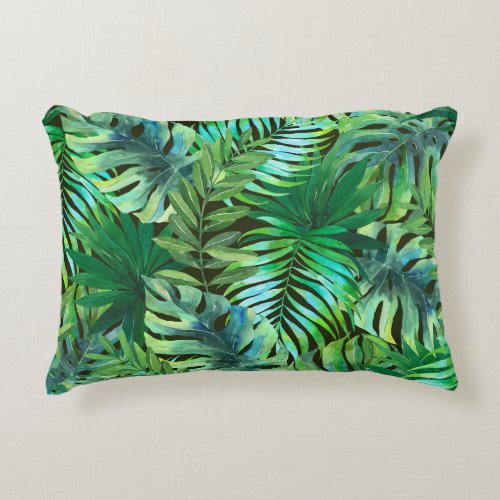 Watercolor tropical green leaves accent pillow