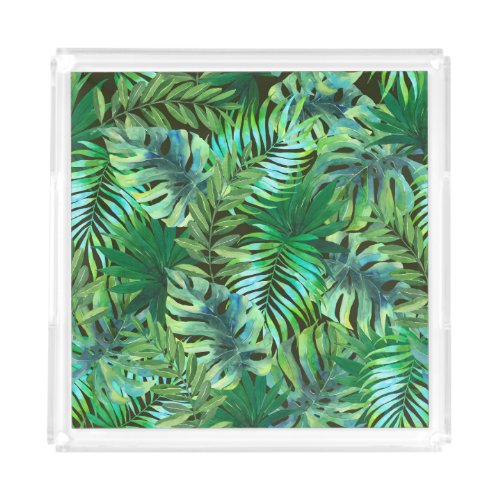 Watercolor tropical green leaves acrylic tray