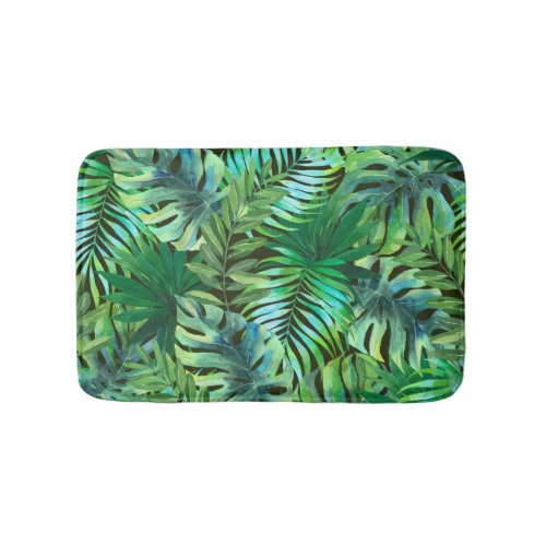 Watercolor tropical green leaves bath mat