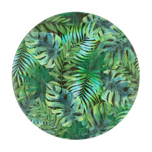 Watercolor tropical green leaves cutting board