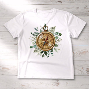 Watercolor Tropical Green Leaves Foliage Compass  T-Shirt