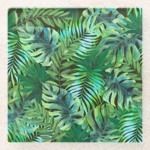 Watercolor tropical green leaves glass coaster