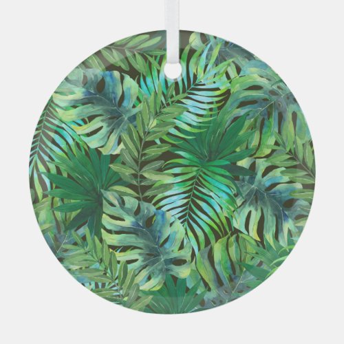 Watercolor tropical green leaves glass ornament