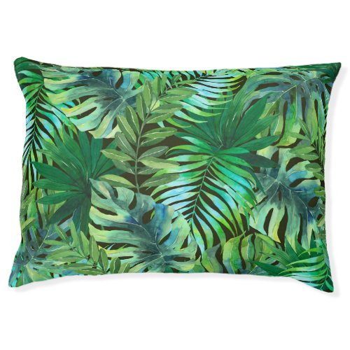 Watercolor tropical green leaves pet bed