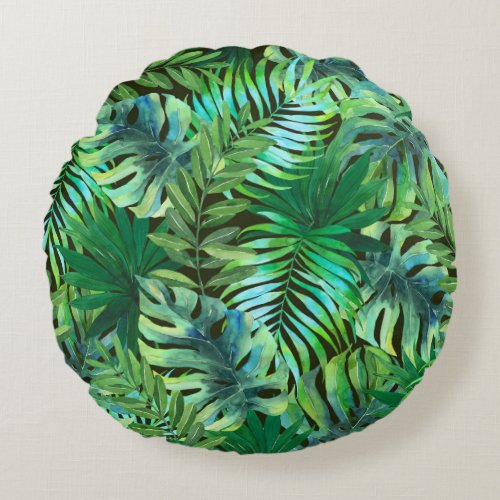 Watercolor tropical green leaves round pillow