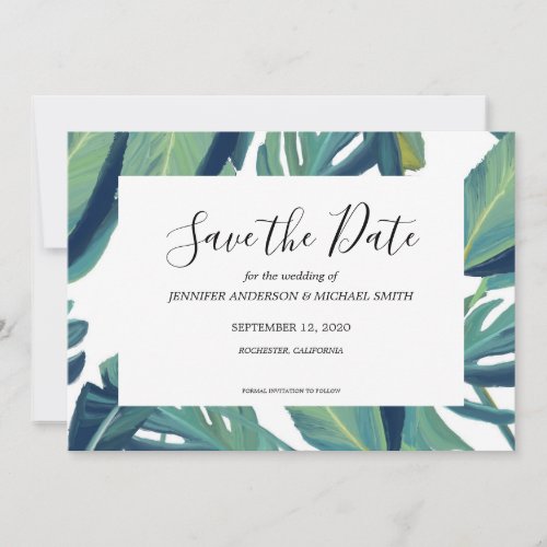 Watercolor tropical green leaves Save the Date