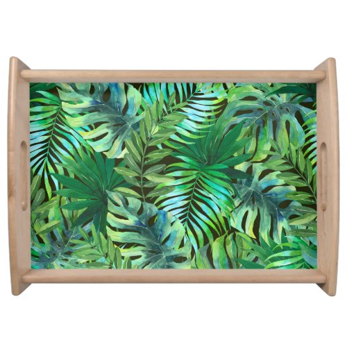 Watercolor tropical green leaves serving tray