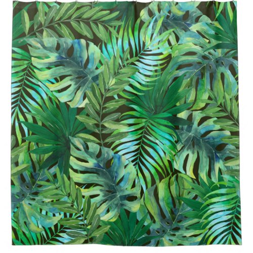 Watercolor tropical green leaves shower curtain