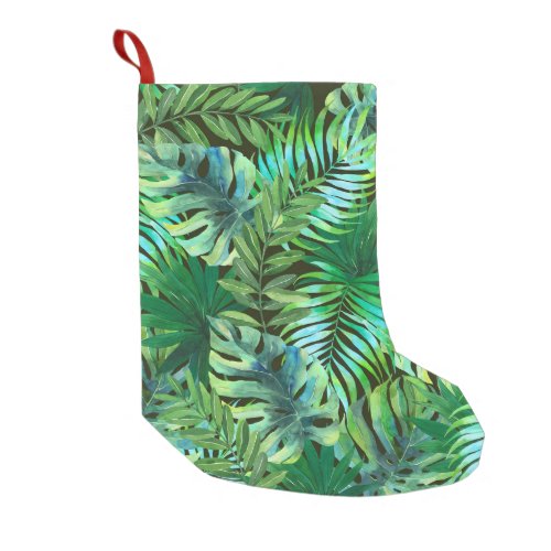 Watercolor tropical green leaves small christmas stocking