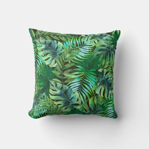 Watercolor tropical green leaves throw pillow