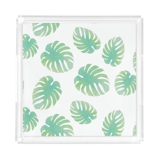 Watercolor Tropical Green Monstera Leaf Acrylic Tray (Front)