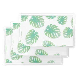 Watercolor Tropical Green Monstera Leaf Acrylic Tray
