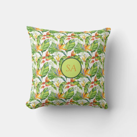 Watercolor Tropical Green Monstera & Orange Leaves