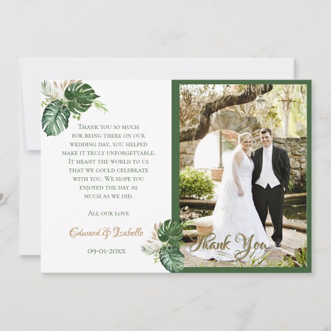 Watercolor Tropical Green Palm Leaves Photo Thank You Card (Front)