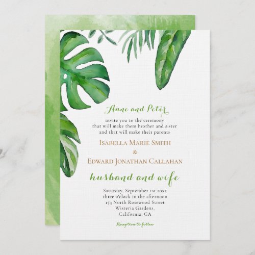 Watercolor Tropical Green Palm Leaves Wedding Invitation