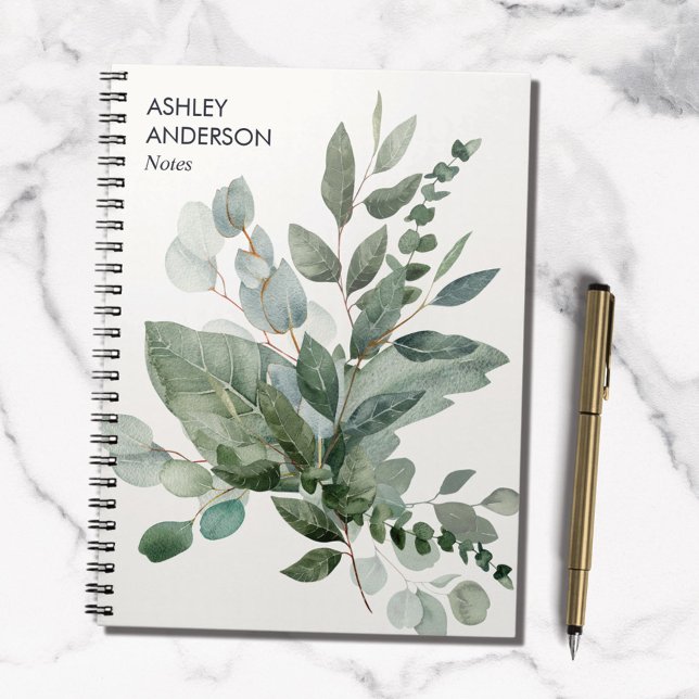 Watercolor Tropical Green Sage Eucalyptus Leaves Notebook (In situ)