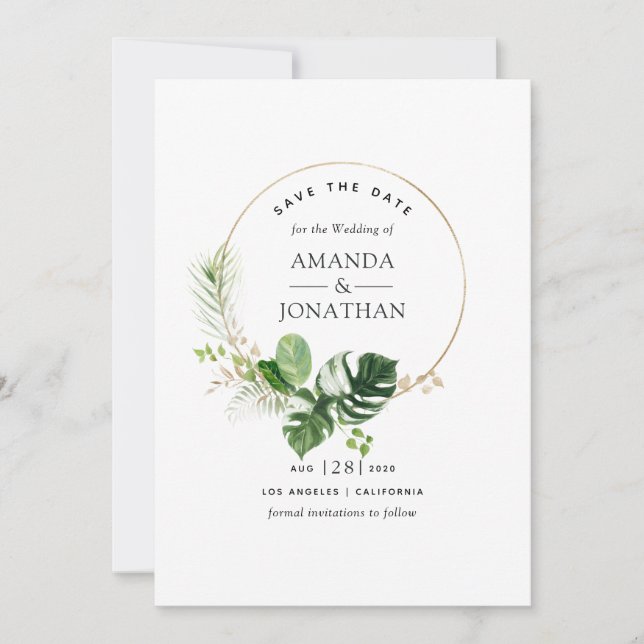 Watercolor Tropical Greenery Beach Wedding Save The Date (Front)
