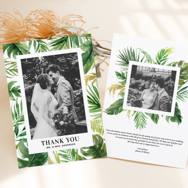 Watercolor Tropical Greenery Frame Photo Wedding Thank You Card (Creator Uploaded)