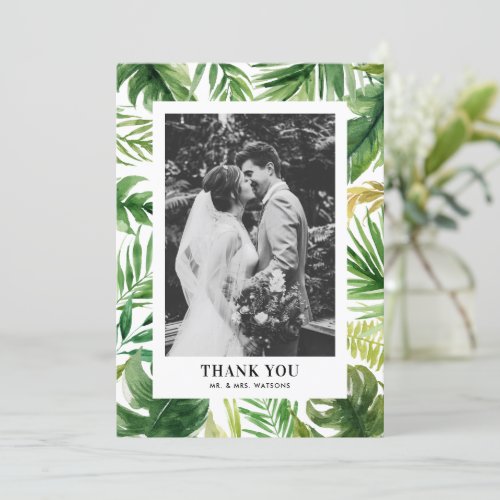 Watercolor Tropical Greenery Frame Photo Wedding Thank You Card