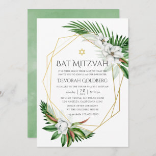 Watercolor Tropical Greenery Geometric Bat Mitzvah Invitation