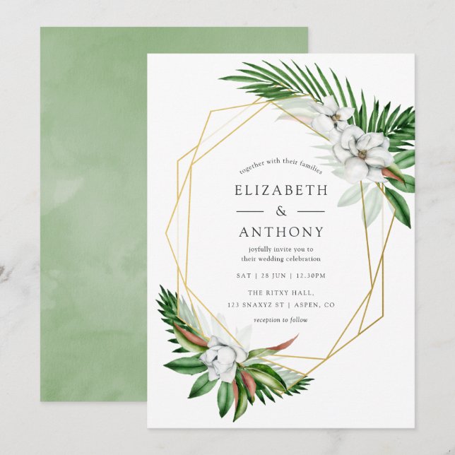 Watercolor Tropical Greenery Geometric Wedding Invitation (Front/Back)