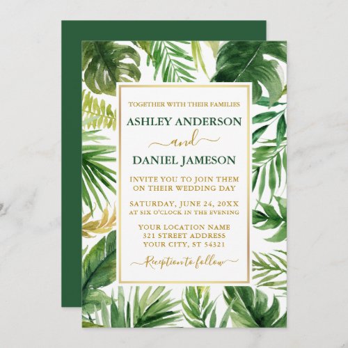 Watercolor Tropical Greenery Gold Wedding Green Invitation