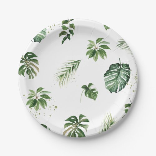 Watercolor Tropical Greenery Green Foliage Leaf  Paper Plates