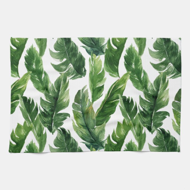 Watercolor Tropical Greenery Leaves Pattern Towel (Horizontal)