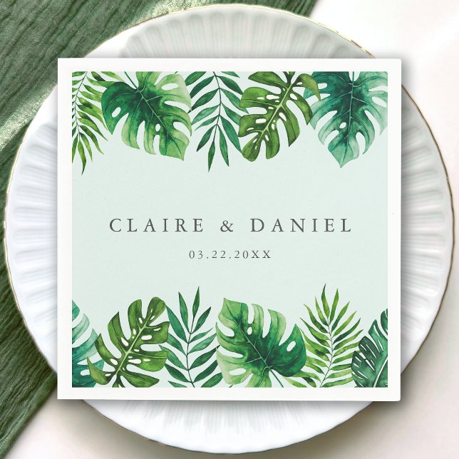 Watercolor Tropical Greenery Mint Green Wedding Napkins (Creator Uploaded)