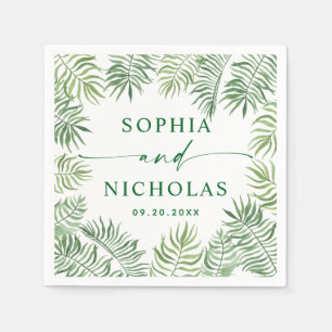 Watercolor tropical greenery palm script wedding napkins