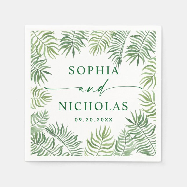 Watercolor tropical greenery palm script wedding napkins (Front)