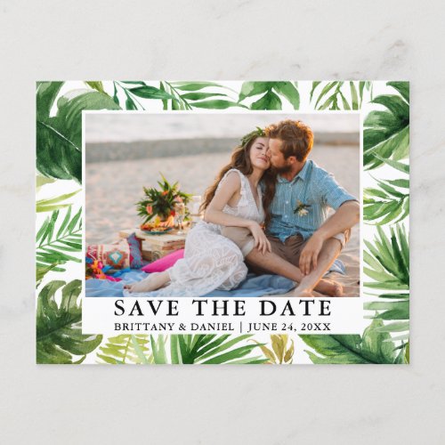 Watercolor Tropical Greenery Photo Save The Date Postcard
