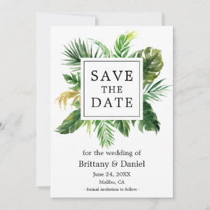 Watercolor Tropical Greenery Save The Date Card