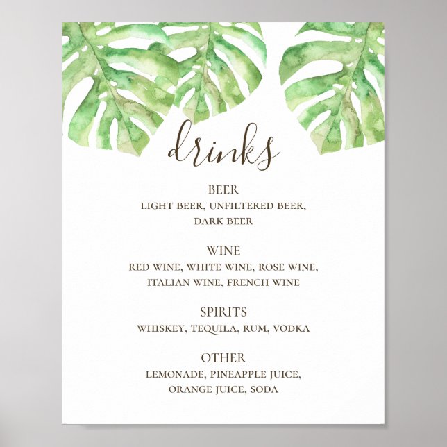 Watercolor tropical greenery wedding drinks bar poster (Front)