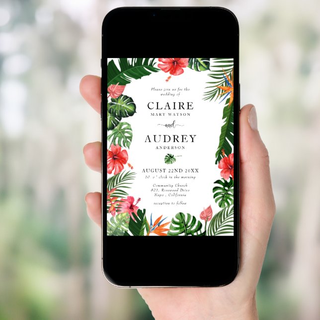 Watercolor Tropical Greenery Wedding Invitation (Front Digital)