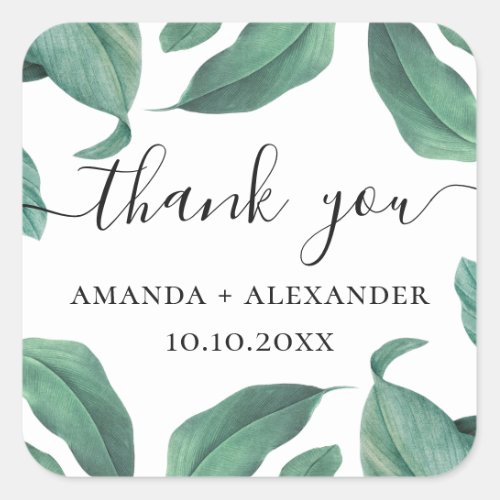 Watercolor tropical greenery wedding thank you square sticker