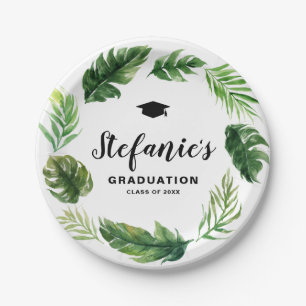 Watercolor Tropical Greenery Wreath Graduation Paper Plates