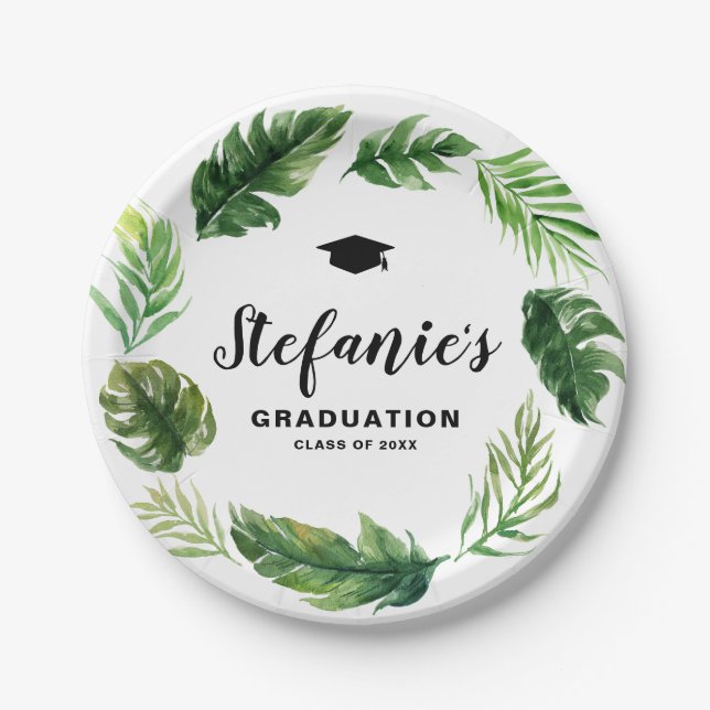 Watercolor Tropical Greenery Wreath Graduation Paper Plates (Front)