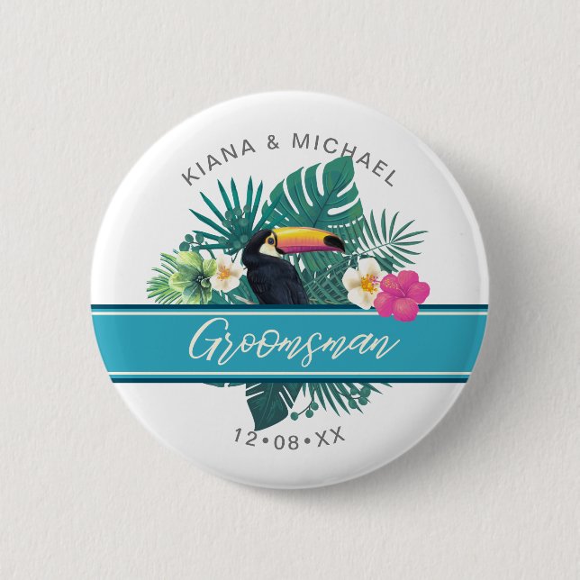 Watercolor Tropical Groomsman Teal ID577 Button (Front)