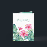 Watercolor Tropical Happy Birthday Greeting Cards<br><div class="desc">Send heartfelt birthday wishes with this tropical-themed birthday greeting card, featuring a replica of my original art stationery design. Hand-painted tropical watercolor flowers — delicate hibiscus blooms and lush monstera palm leaves in vibrant turquoise, green, and pink — make this customized greeting card for birthday celebrations truly special. The elegant...</div>