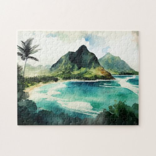 Watercolor tropical Hawaii Ocean beach nature Jigsaw Puzzle